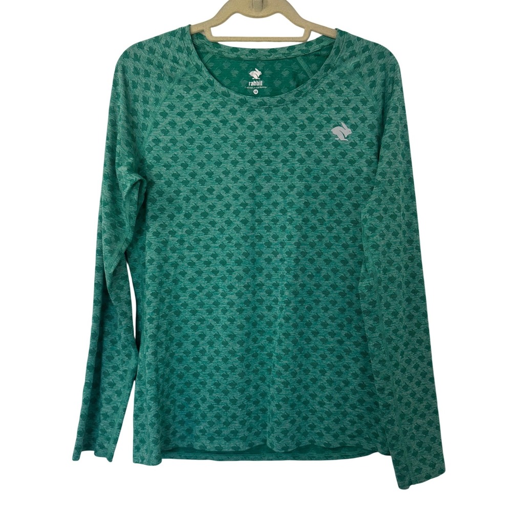 Rabbit Womens Long Sleeve Running Shirt Large Green Rabbit AOP Athletic Gym Run